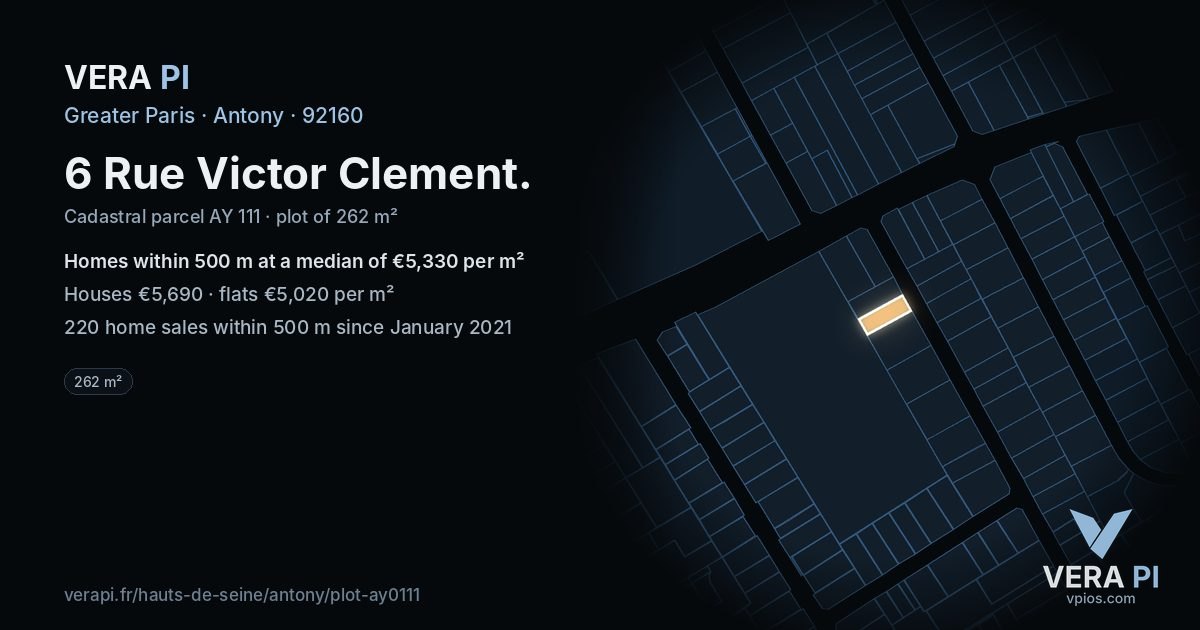 6 Rue Victor Clement, Antony at night – the plot lit, the parcels around coloured by the prices near them