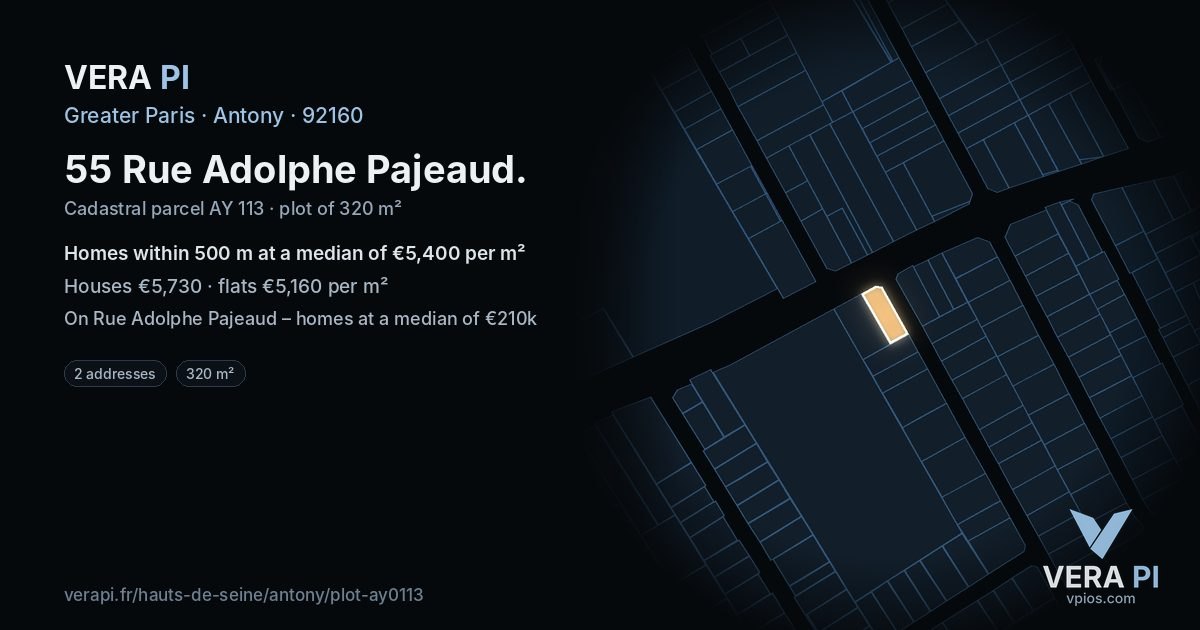 55 Rue Adolphe Pajeaud, Antony at night – the plot lit, the parcels around coloured by the prices near them