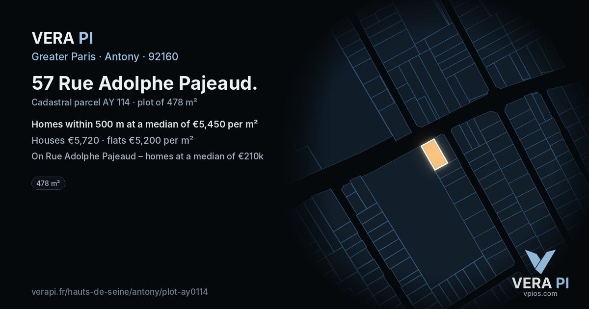 57 Rue Adolphe Pajeaud, Antony at night – the plot lit, the parcels around coloured by the prices near them