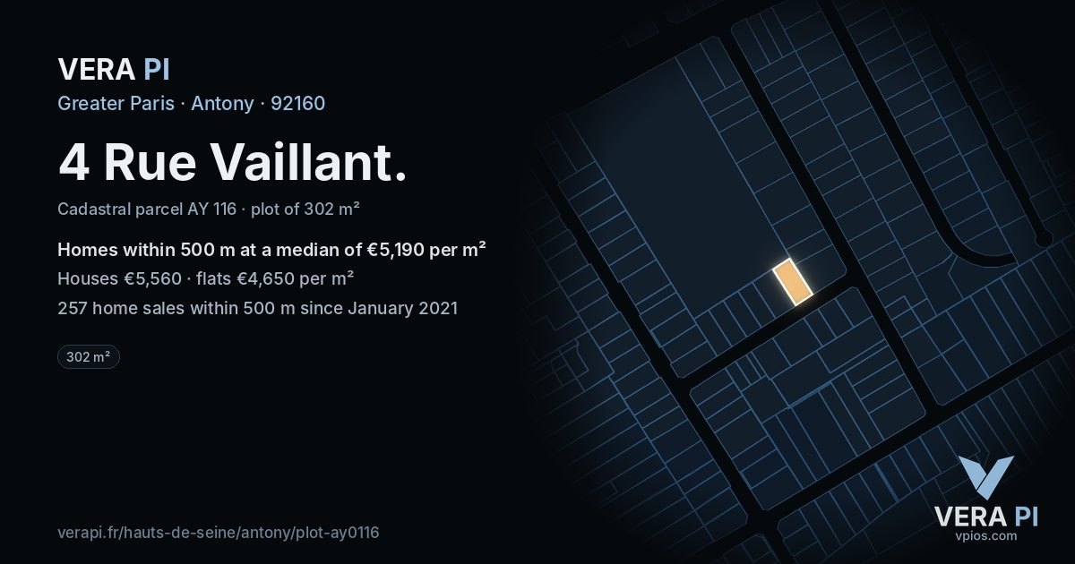 4 Rue Vaillant, Antony at night – the plot lit, the parcels around coloured by the prices near them