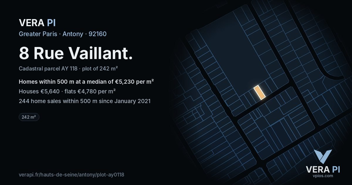8 Rue Vaillant, Antony at night – the plot lit, the parcels around coloured by the prices near them