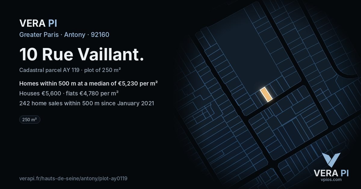 10 Rue Vaillant, Antony at night – the plot lit, the parcels around coloured by the prices near them