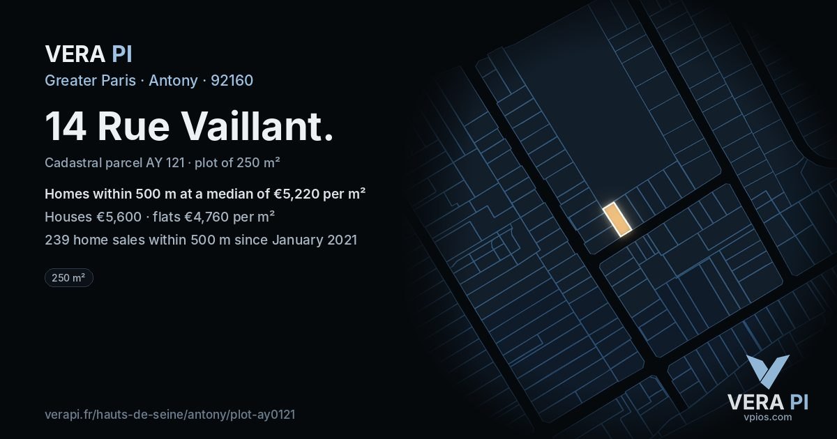 14 Rue Vaillant, Antony at night – the plot lit, the parcels around coloured by the prices near them