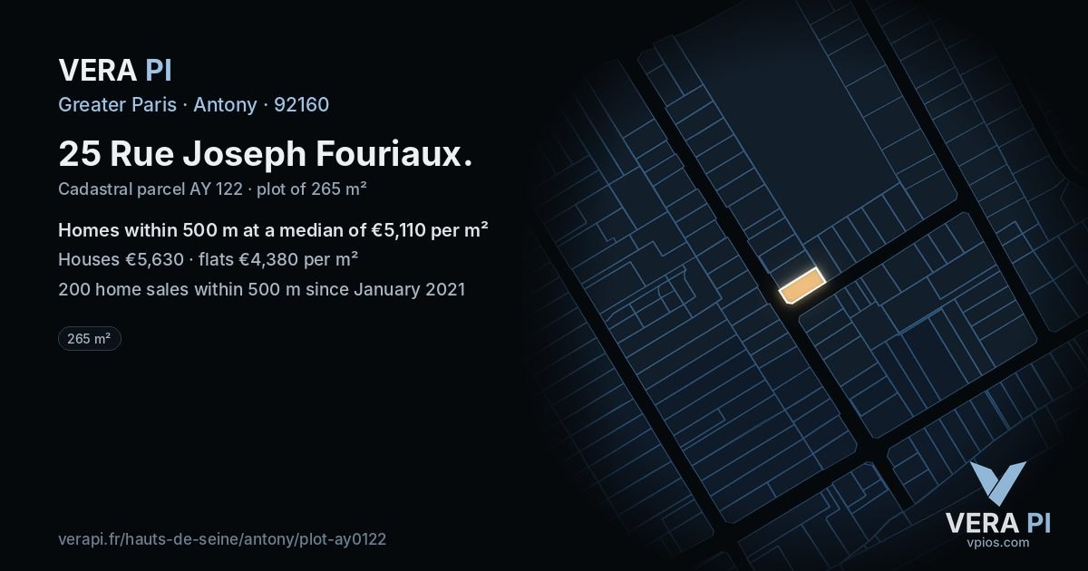 25 Rue Joseph Fouriaux, Antony at night – the plot lit, the parcels around coloured by the prices near them