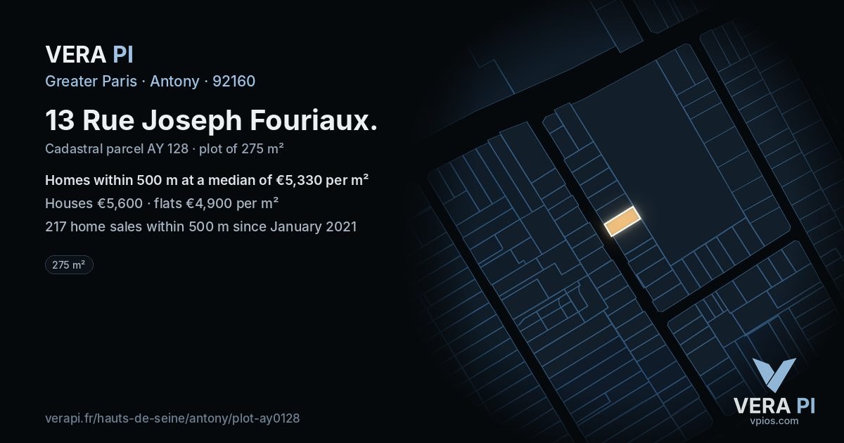 13 Rue Joseph Fouriaux, Antony at night – the plot lit, the parcels around coloured by the prices near them