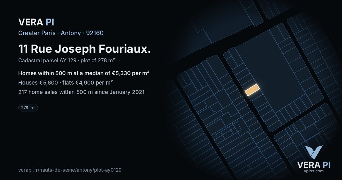 11 Rue Joseph Fouriaux, Antony at night – the plot lit, the parcels around coloured by the prices near them