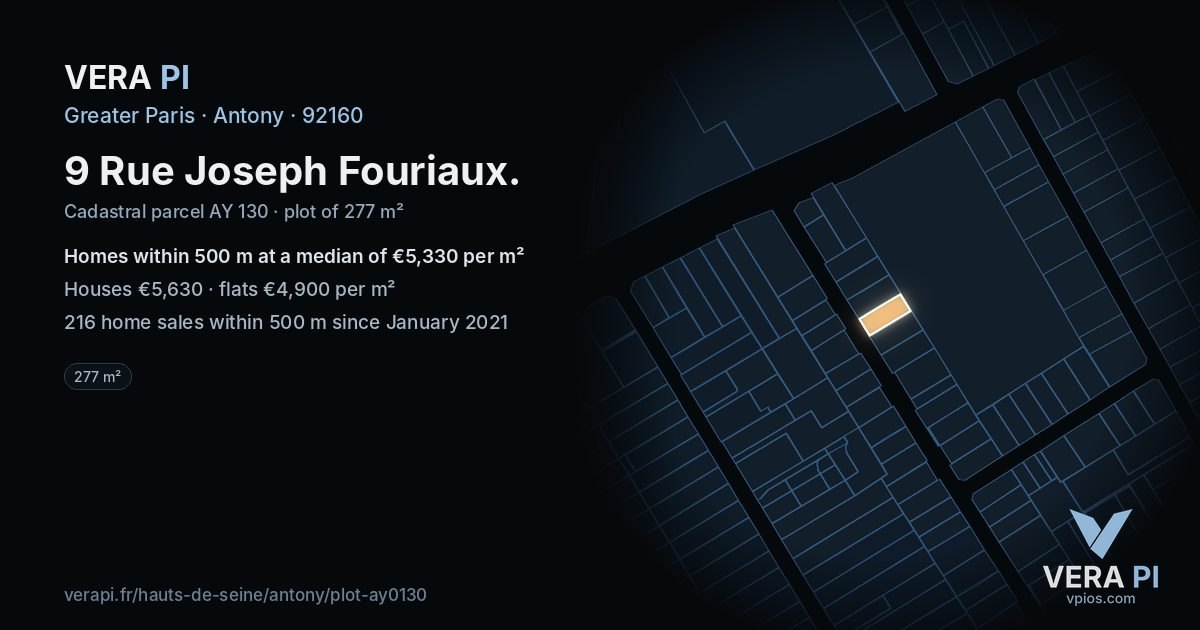 9 Rue Joseph Fouriaux, Antony at night – the plot lit, the parcels around coloured by the prices near them