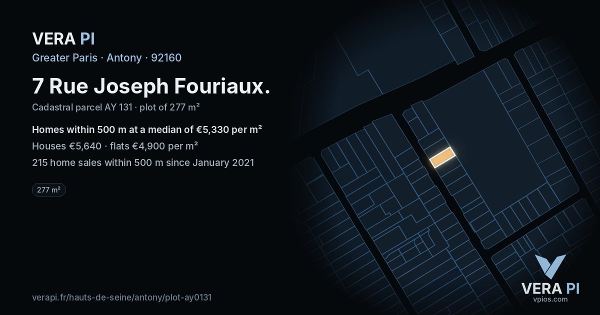 7 Rue Joseph Fouriaux, Antony at night – the plot lit, the parcels around coloured by the prices near them