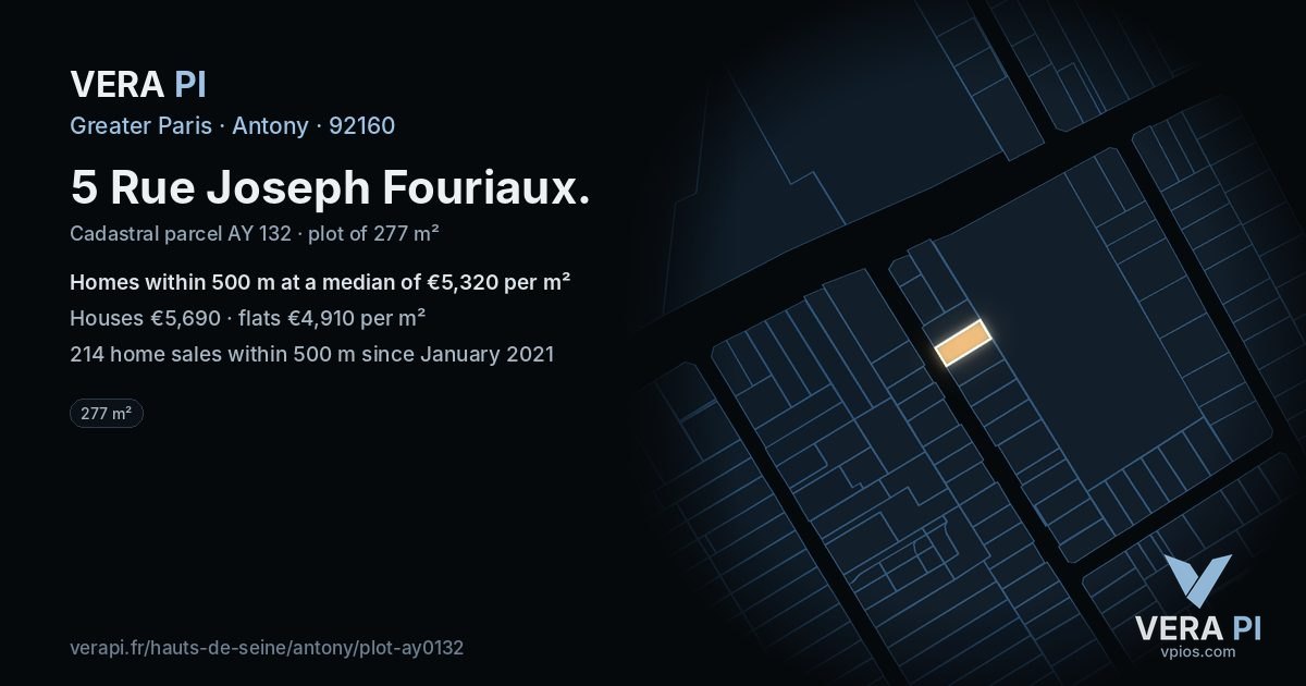 5 Rue Joseph Fouriaux, Antony at night – the plot lit, the parcels around coloured by the prices near them
