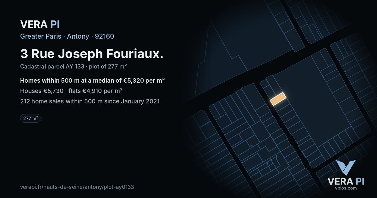 3 Rue Joseph Fouriaux, Antony at night – the plot lit, the parcels around coloured by the prices near them