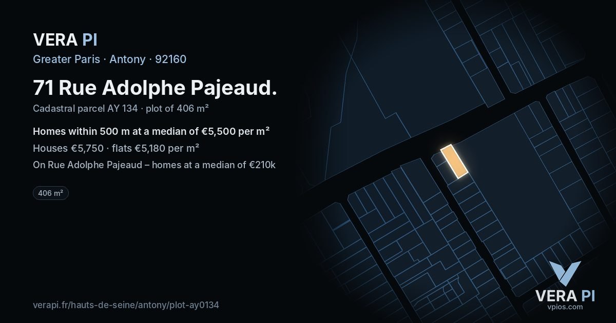 71 Rue Adolphe Pajeaud, Antony at night – the plot lit, the parcels around coloured by the prices near them