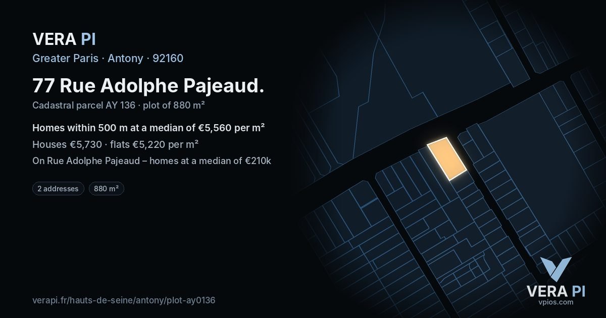 77 Rue Adolphe Pajeaud, Antony at night – the plot lit, the parcels around coloured by the prices near them