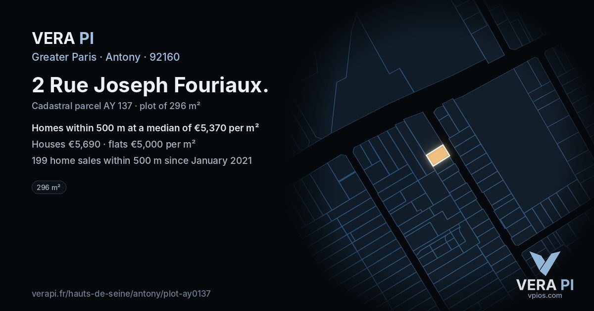 2 Rue Joseph Fouriaux, Antony at night – the plot lit, the parcels around coloured by the prices near them