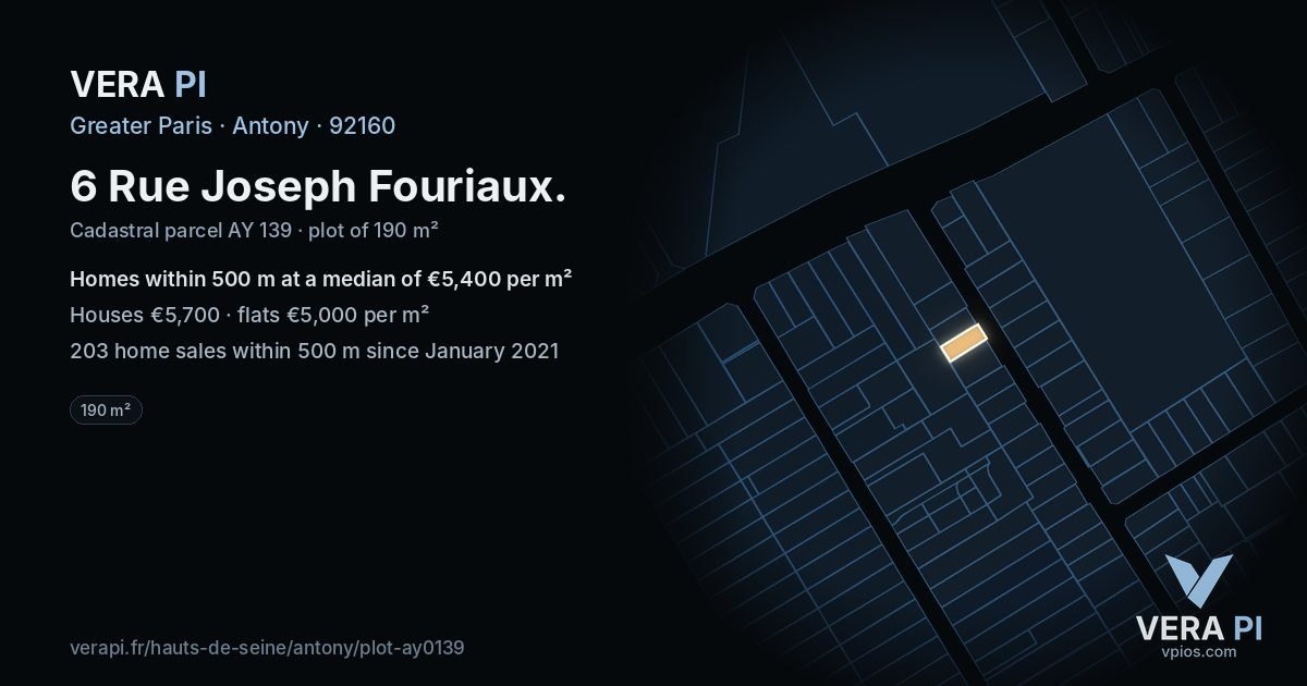 6 Rue Joseph Fouriaux, Antony at night – the plot lit, the parcels around coloured by the prices near them