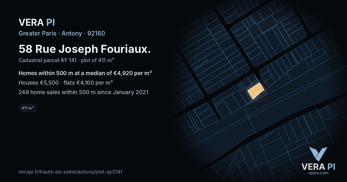 58 Rue Joseph Fouriaux, Antony at night – the plot lit, the parcels around coloured by the prices near them