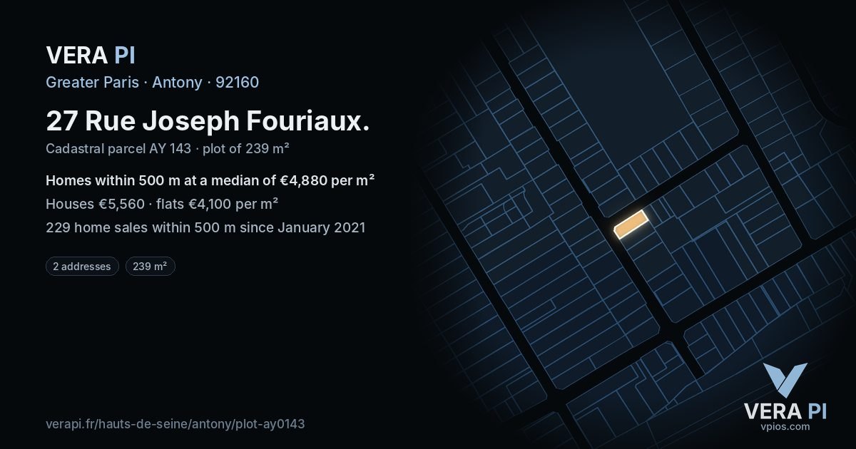 27 Rue Joseph Fouriaux, Antony at night – the plot lit, the parcels around coloured by the prices near them