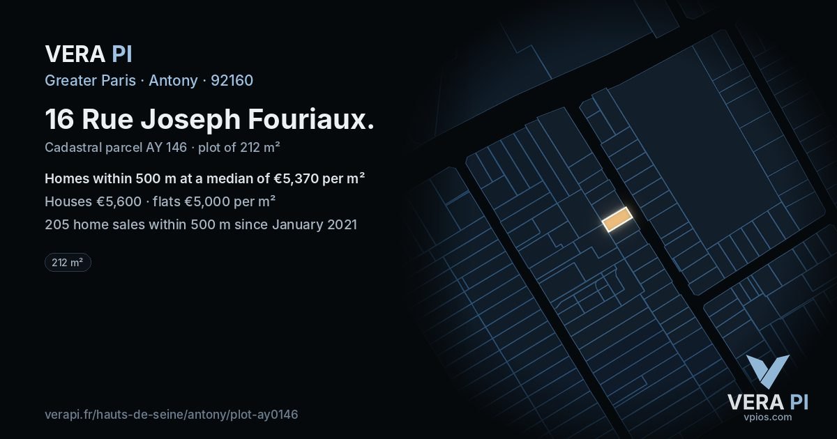 16 Rue Joseph Fouriaux, Antony at night – the plot lit, the parcels around coloured by the prices near them