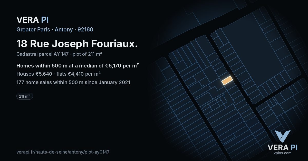 18 Rue Joseph Fouriaux, Antony at night – the plot lit, the parcels around coloured by the prices near them
