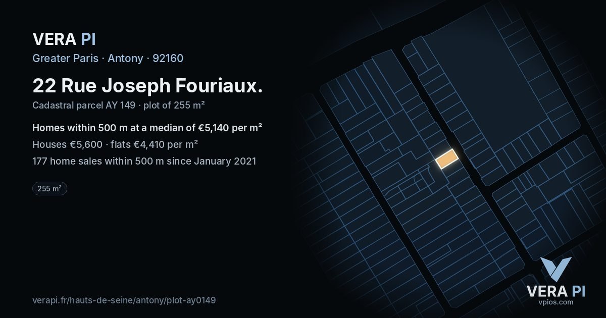 22 Rue Joseph Fouriaux, Antony at night – the plot lit, the parcels around coloured by the prices near them