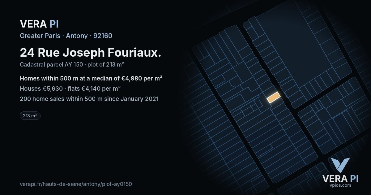 24 Rue Joseph Fouriaux, Antony at night – the plot lit, the parcels around coloured by the prices near them