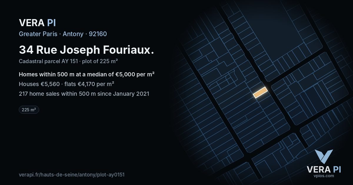 34 Rue Joseph Fouriaux, Antony at night – the plot lit, the parcels around coloured by the prices near them