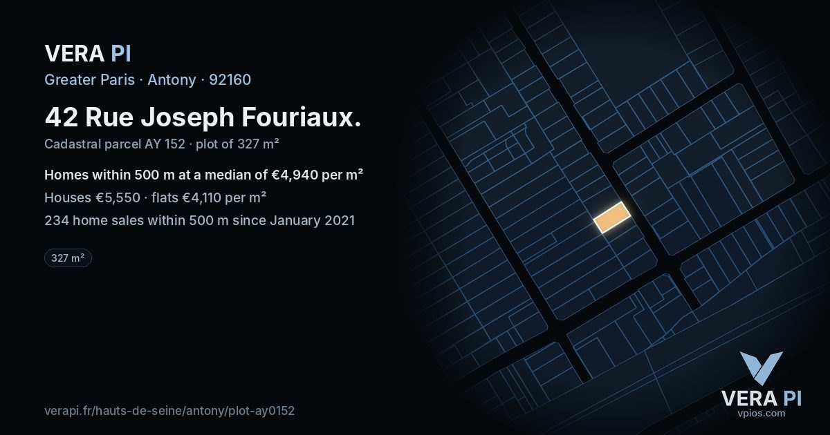 42 Rue Joseph Fouriaux, Antony at night – the plot lit, the parcels around coloured by the prices near them