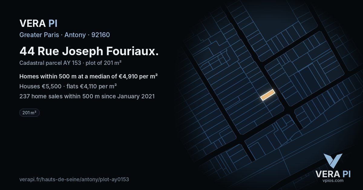 44 Rue Joseph Fouriaux, Antony at night – the plot lit, the parcels around coloured by the prices near them