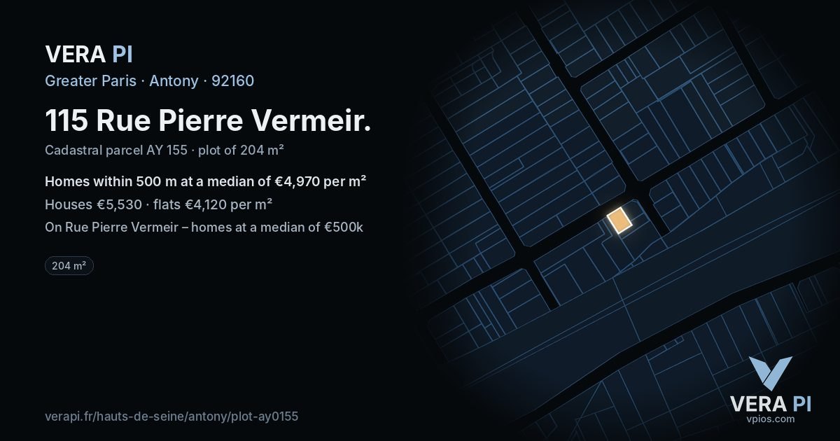 115 Rue Pierre Vermeir, Antony at night – the plot lit, the parcels around coloured by the prices near them