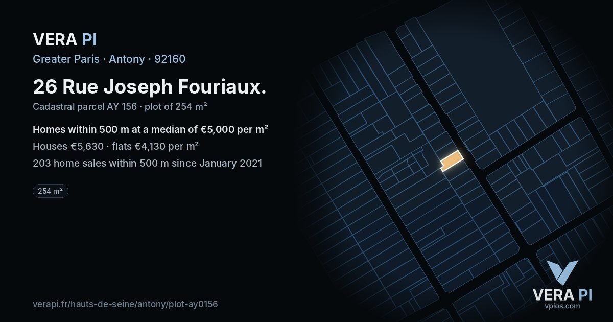 26 Rue Joseph Fouriaux, Antony at night – the plot lit, the parcels around coloured by the prices near them