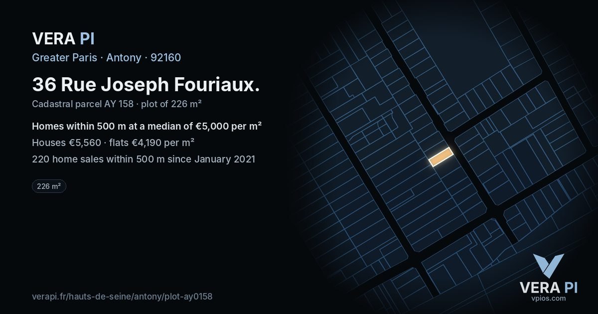 36 Rue Joseph Fouriaux, Antony at night – the plot lit, the parcels around coloured by the prices near them