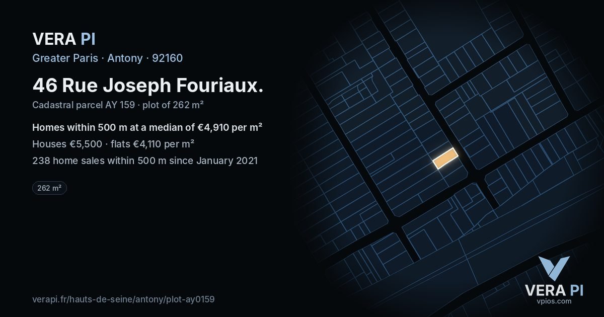 46 Rue Joseph Fouriaux, Antony at night – the plot lit, the parcels around coloured by the prices near them