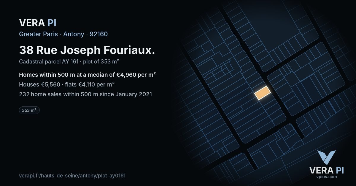 38 Rue Joseph Fouriaux, Antony at night – the plot lit, the parcels around coloured by the prices near them