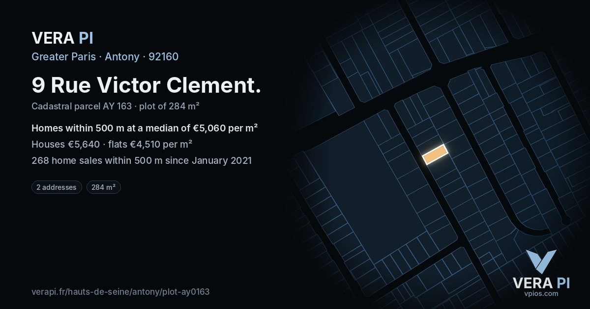 9 Rue Victor Clement, Antony at night – the plot lit, the parcels around coloured by the prices near them