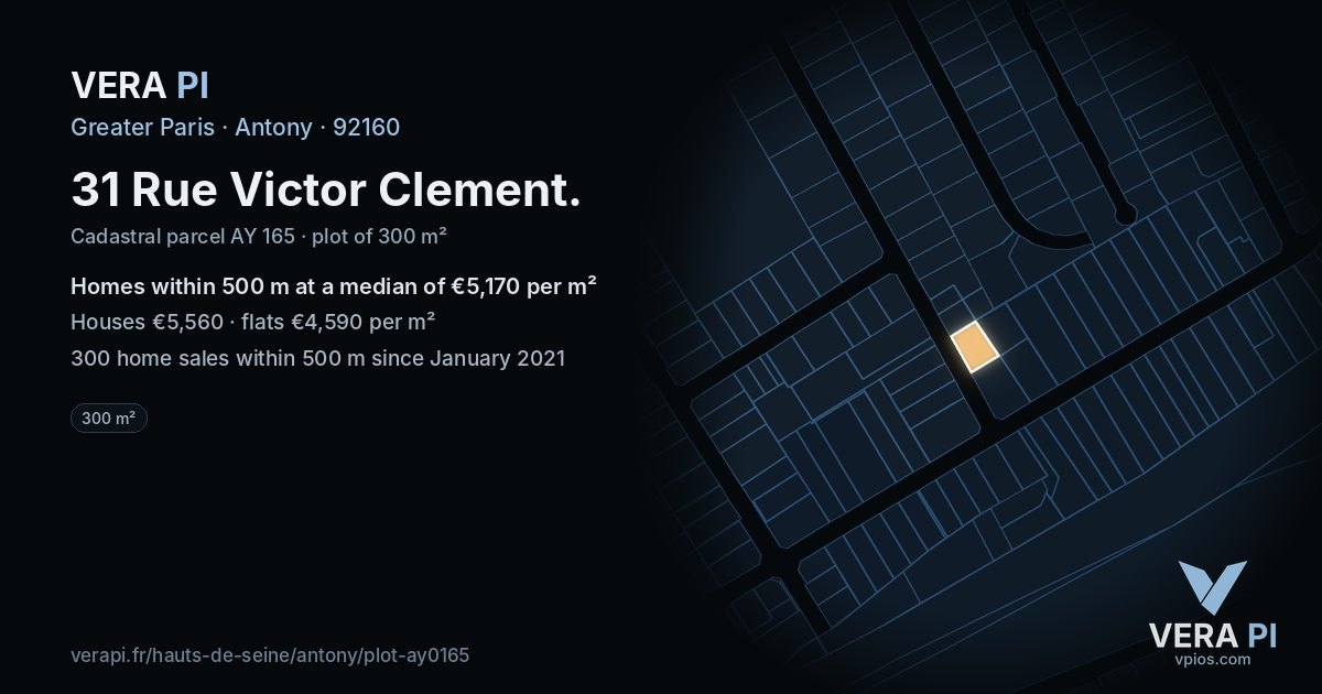 31 Rue Victor Clement, Antony at night – the plot lit, the parcels around coloured by the prices near them