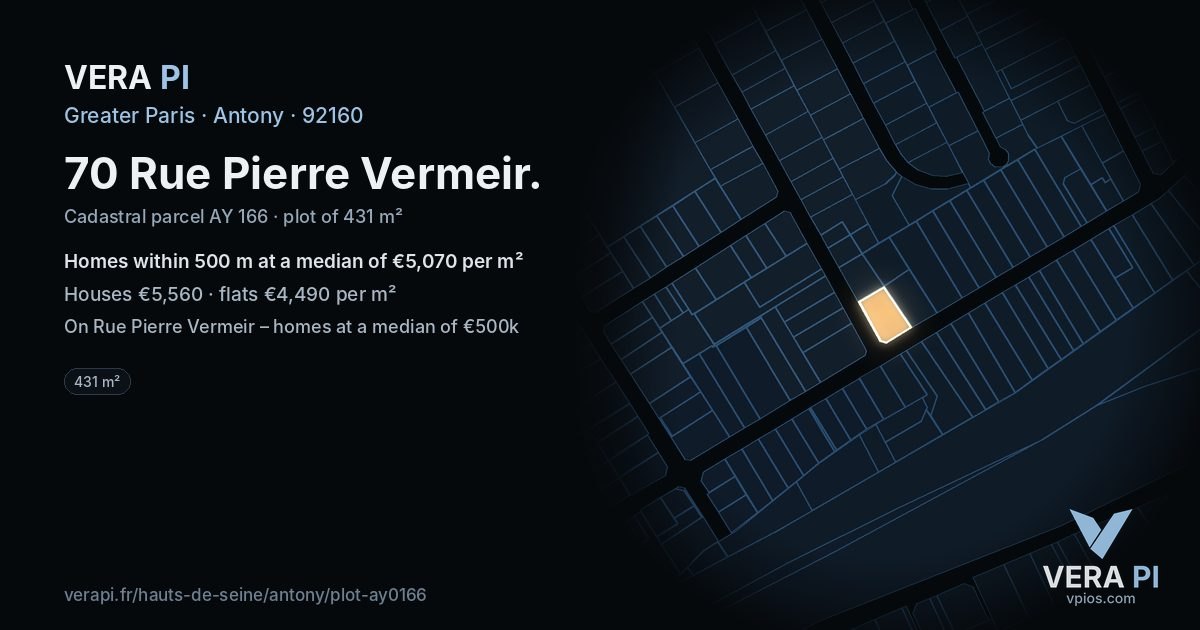 70 Rue Pierre Vermeir, Antony at night – the plot lit, the parcels around coloured by the prices near them