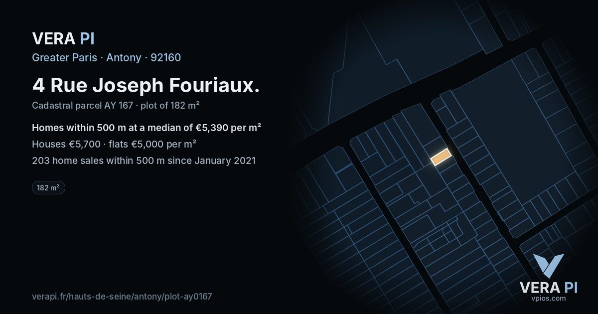 4 Rue Joseph Fouriaux, Antony at night – the plot lit, the parcels around coloured by the prices near them