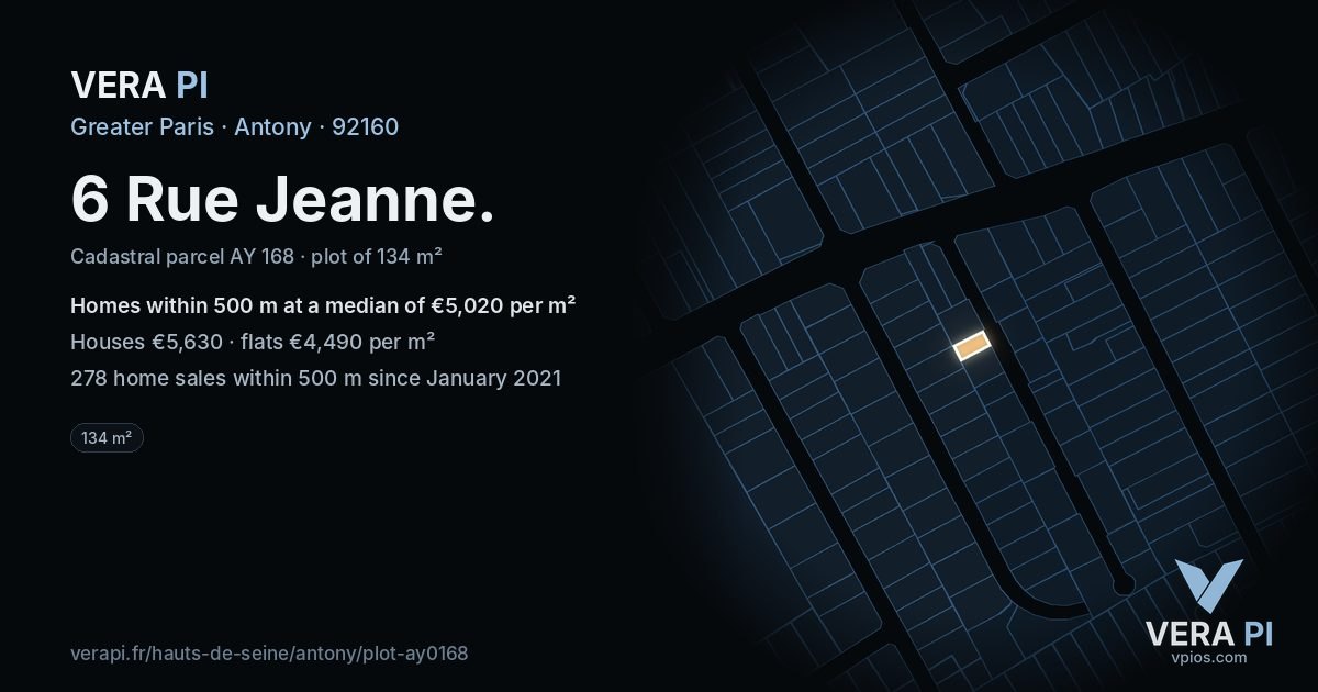 6 Rue Jeanne, Antony at night – the plot lit, the parcels around coloured by the prices near them