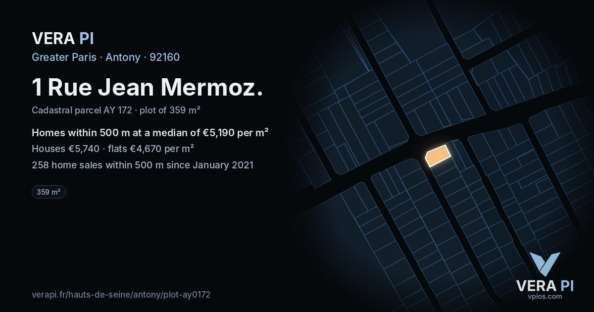 1 Rue Jean Mermoz, Antony at night – the plot lit, the parcels around coloured by the prices near them