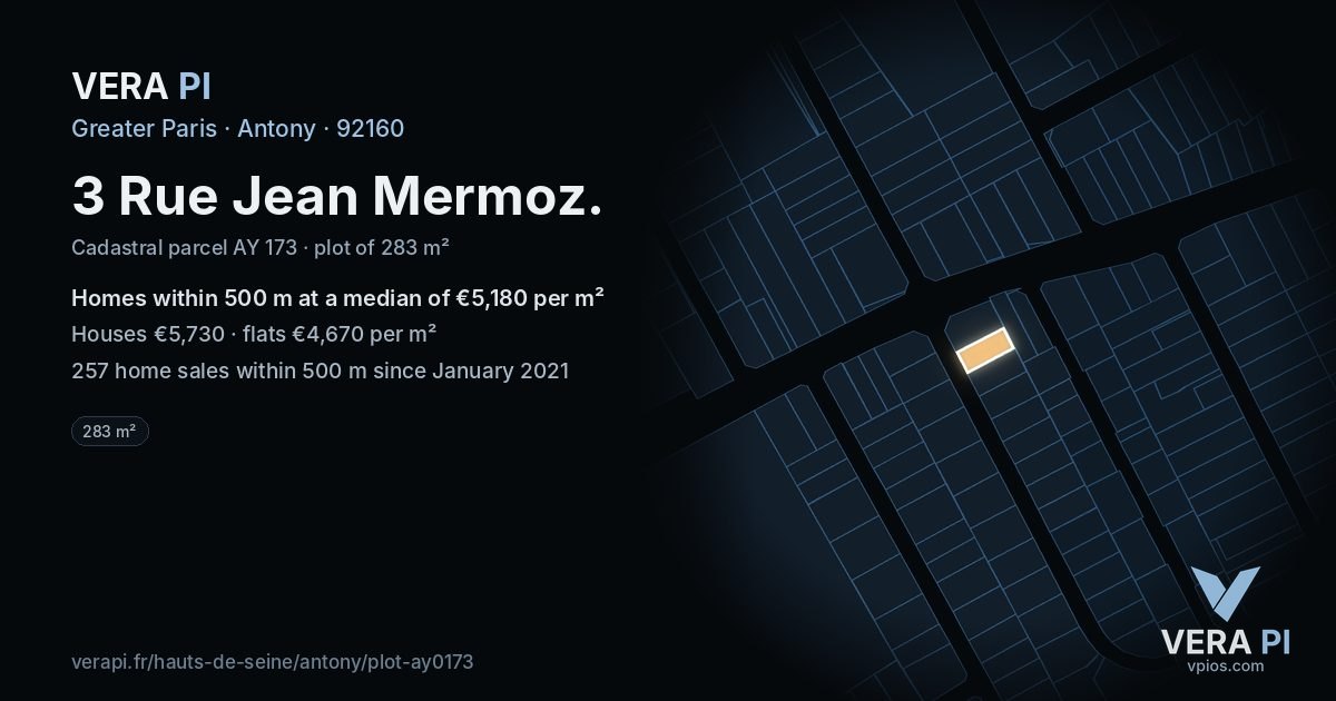 3 Rue Jean Mermoz, Antony at night – the plot lit, the parcels around coloured by the prices near them