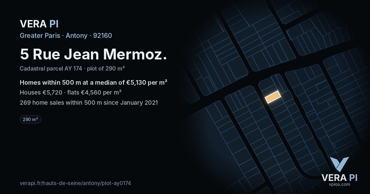 5 Rue Jean Mermoz, Antony at night – the plot lit, the parcels around coloured by the prices near them
