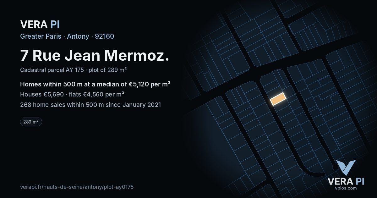 7 Rue Jean Mermoz, Antony at night – the plot lit, the parcels around coloured by the prices near them