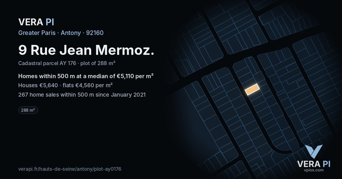 9 Rue Jean Mermoz, Antony at night – the plot lit, the parcels around coloured by the prices near them