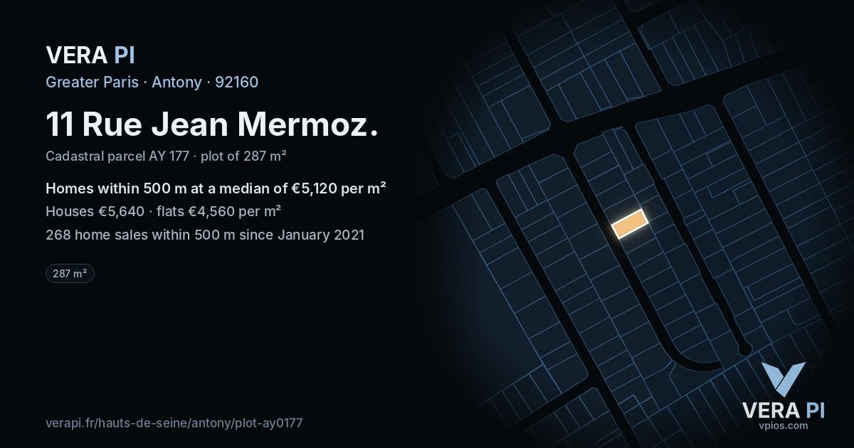 11 Rue Jean Mermoz, Antony at night – the plot lit, the parcels around coloured by the prices near them