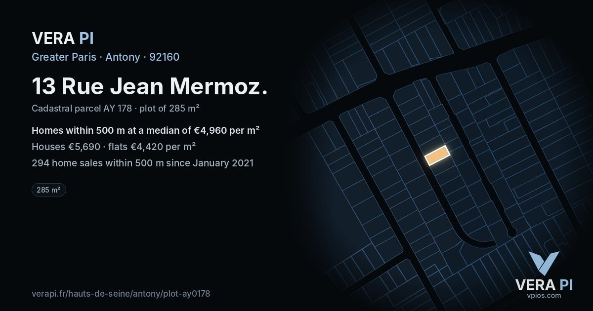13 Rue Jean Mermoz, Antony at night – the plot lit, the parcels around coloured by the prices near them