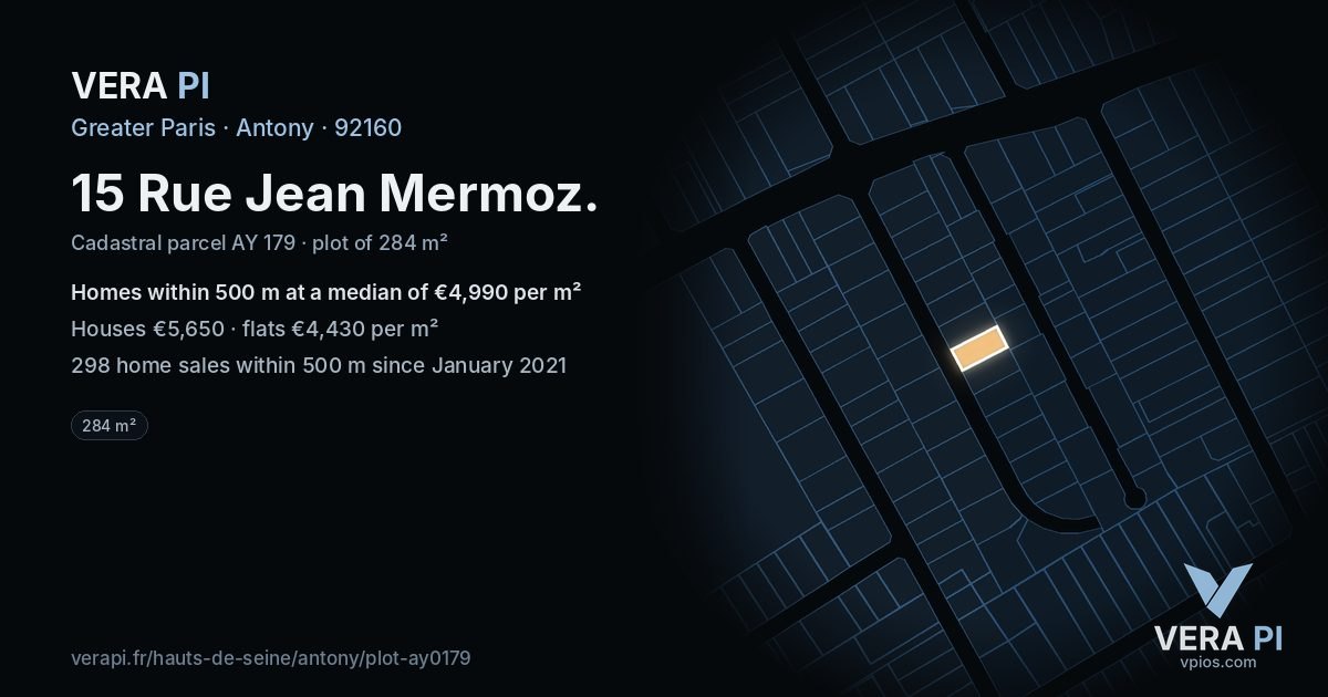 15 Rue Jean Mermoz, Antony at night – the plot lit, the parcels around coloured by the prices near them
