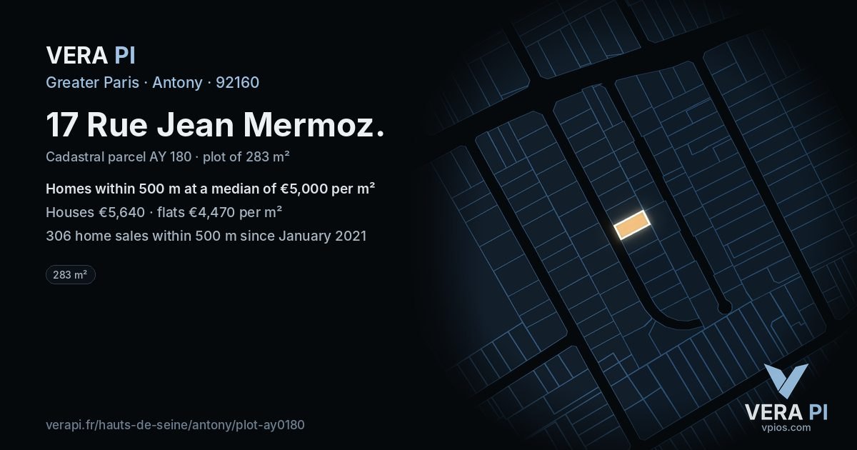17 Rue Jean Mermoz, Antony at night – the plot lit, the parcels around coloured by the prices near them
