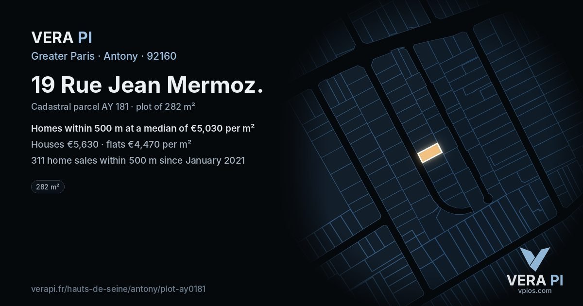 19 Rue Jean Mermoz, Antony at night – the plot lit, the parcels around coloured by the prices near them