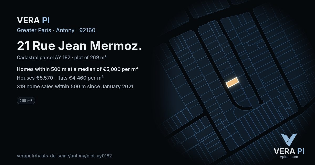 21 Rue Jean Mermoz, Antony at night – the plot lit, the parcels around coloured by the prices near them