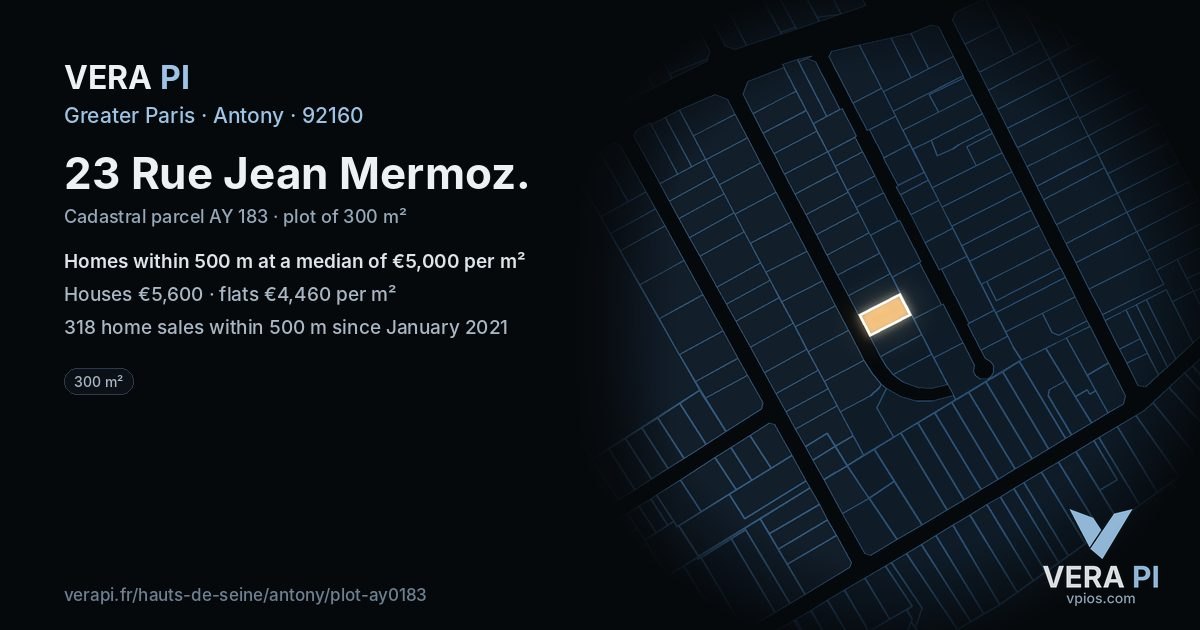 23 Rue Jean Mermoz, Antony at night – the plot lit, the parcels around coloured by the prices near them