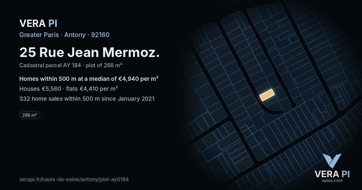 25 Rue Jean Mermoz, Antony at night – the plot lit, the parcels around coloured by the prices near them